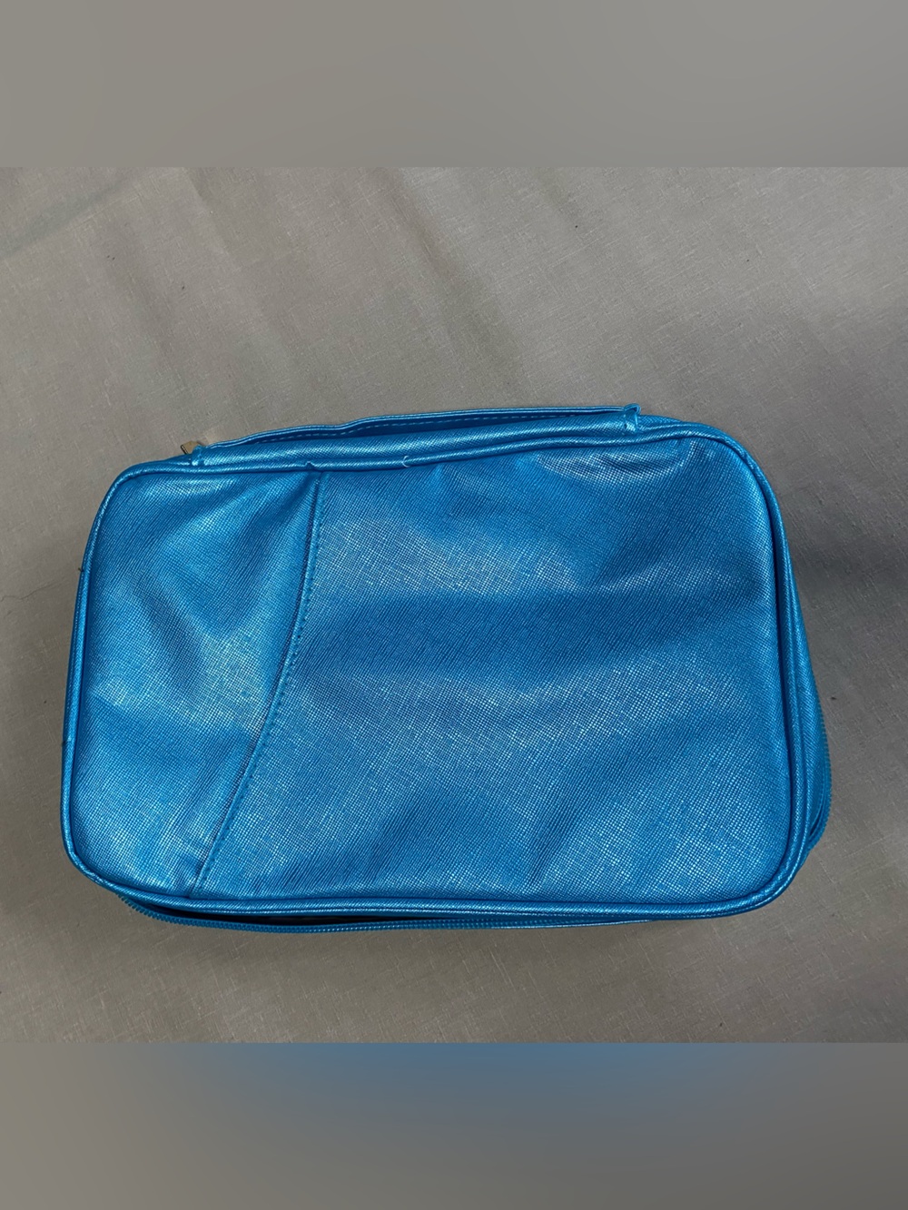 Metallic Blue Saffiano Faux Leather Travel Jewelry Organizer Storage Clutch Bag